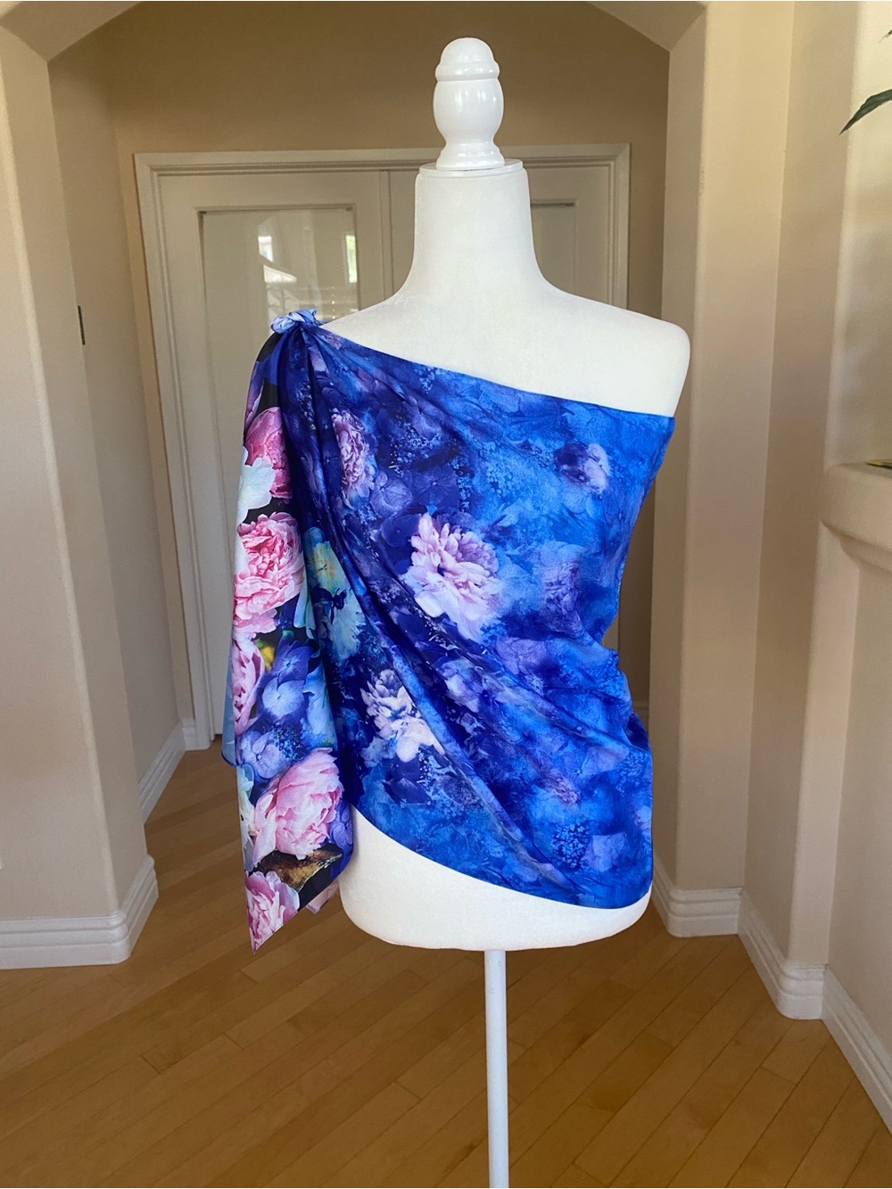 Silk Blue Floral Wrap Scarf Top